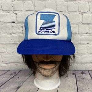 Vintage Hat Cap Snapback Blue White ZARAWNY Motors Ltd. Trucker Mesh Patch